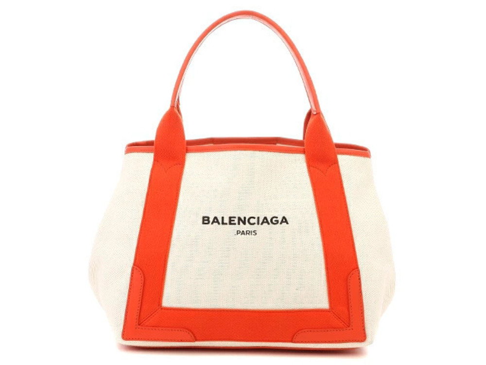 Balenciaga Navy Blue Cabas Tote Bag Canvas Calfskin Orange
